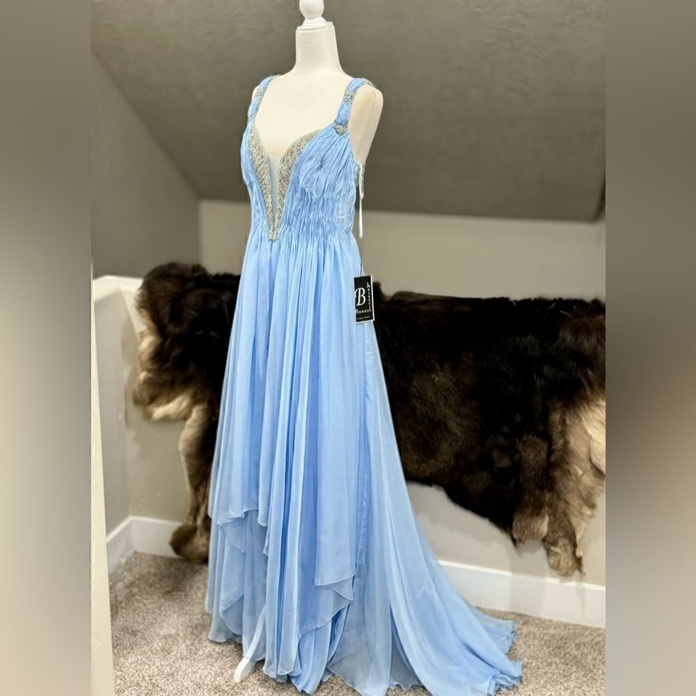 New Gorgeous Light Blue Beaded Chiffon Gown With Shawl - Picture 14 of 16
